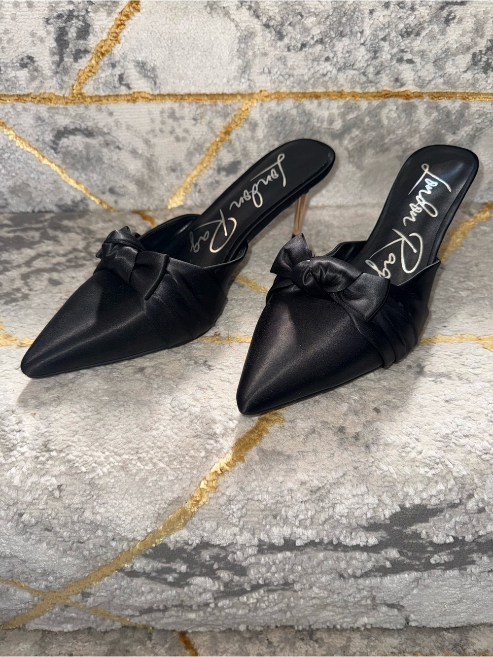 Black Satin Pointed Toe Knot Slide Mule Heels - Picture 5 of 5